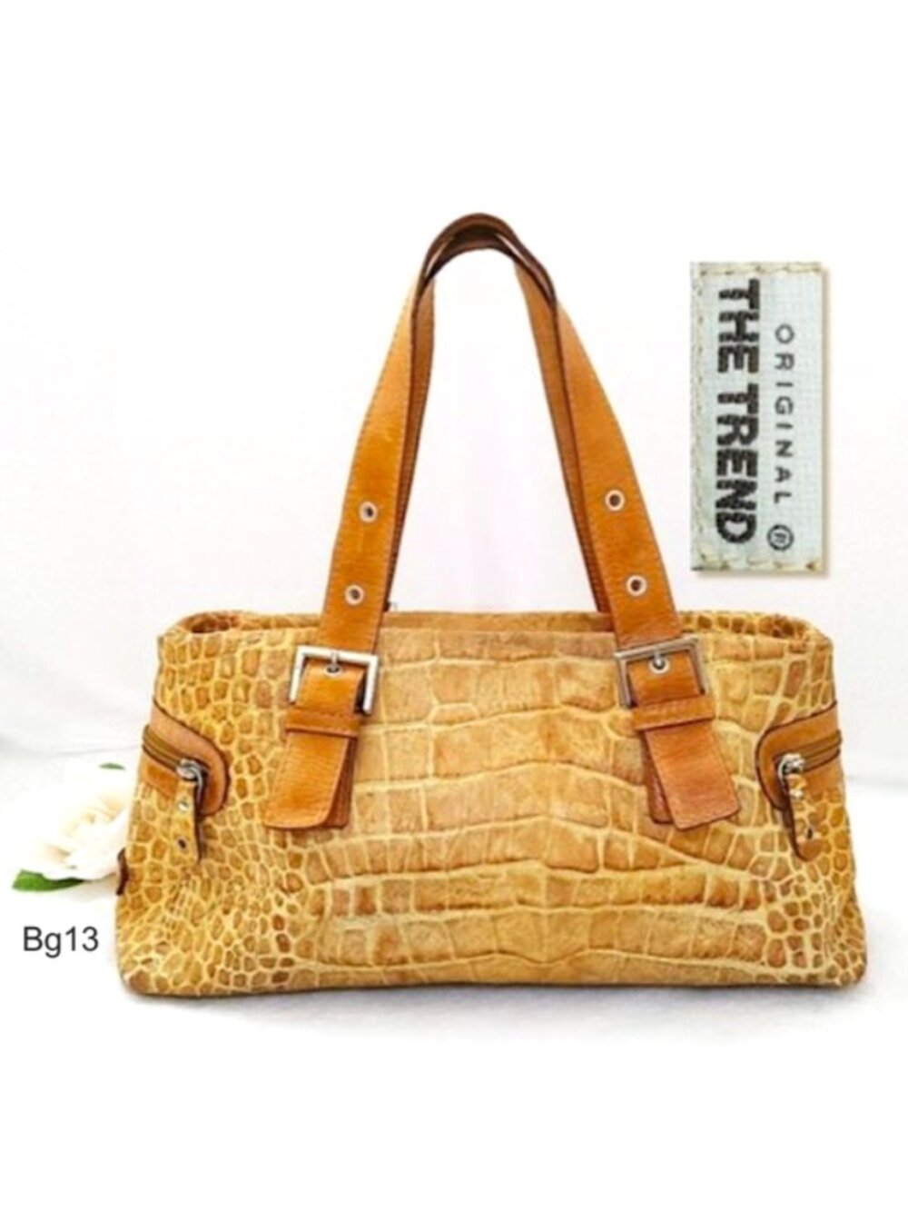 THE TREND Genuine Leather Croc Embossed Carryall Bag Mustard Silver Zip Pockets